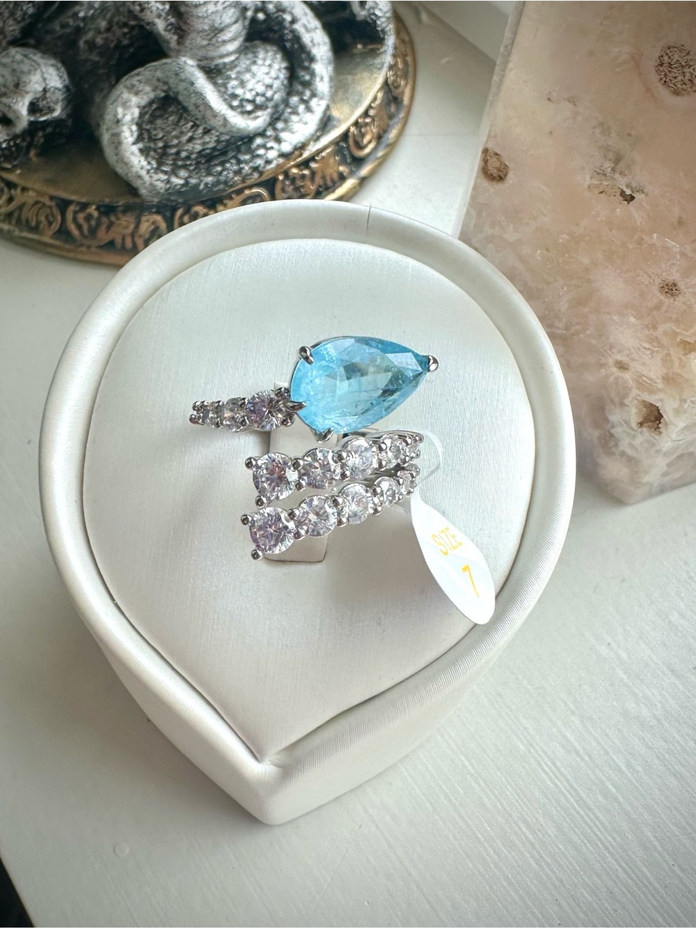 BombParty Ring Sz 7 RG69277 Open Sky Dreams Baby Blue Topaz Fused Quartz Rhodium